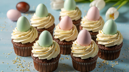 Delicious chocolate cupcakes with cream frosting and pastel eggs for easter celebration