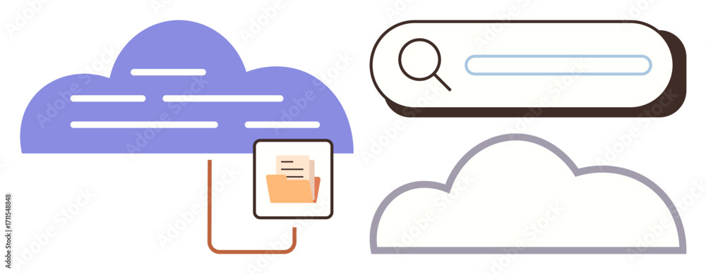Poster cloud with data lines, document folder connected, and search bar symbolize digital storage, file ret