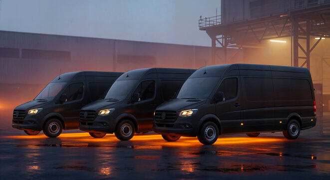 Three dark modern cargo vans parked in a row on a wet asphalt surface at dusk, illuminated by artificial lights from a nearby industrial building, creating a moody and atmospheric scene