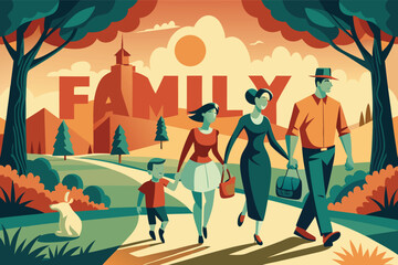 Fototapeta premium Family stroll through a vibrant park surrounded by nature and sunshine