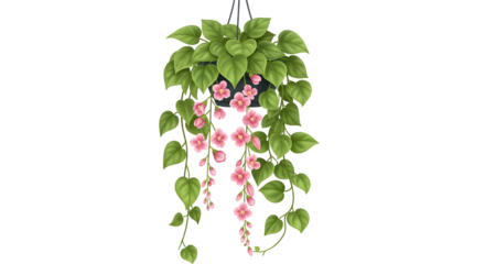 Hanging plant with pink flowers and green leaves in a dark pot for home decor and indoor gardening adding a touch of nature to any space