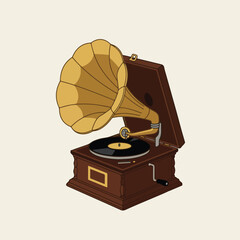 Illustration of a vintage-style gramophone with a golden horn and brown wooden box design