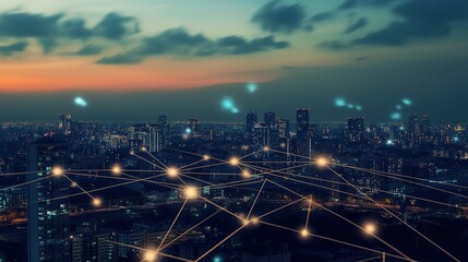 Fototapeta premium grid. Abstract city skyline with glowing connection lines, set against a gradient-lit atmospheric backdrop. real-estate listings.