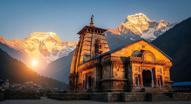 Majestic Temple Amidst Snow-Capped Himalayan Peaks at Sunrise