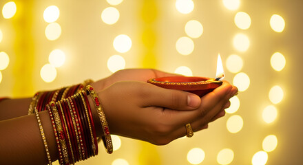 diwali festival of lights , hands holding indian oil lamp
