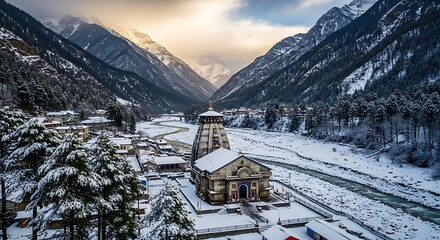 Fototapeta premium Snow-Covered Himalayan Temple Amidst Majestic Mountains