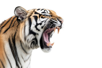 Naklejka premium Closeup of a roaring tiger isolated on transparent background the majestic predator displays its powerful jaws and sharp teeth, showcasing its raw strength and intensity