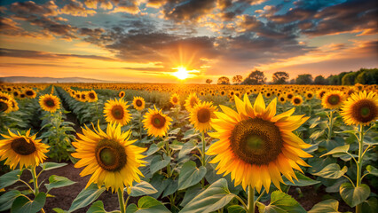 Fototapeta premium Sunflower field at sunrise, warm tones, realistic photography.