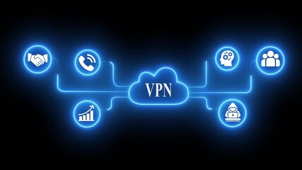 V P N cloud network connection digital security concept with icons for business handshake communication growth hacking and teamwork glowing blue neon on black background - Powered by Adobe