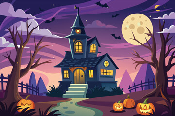 Spooky haunted house with pumpkins under a full moon in an eerie landscape