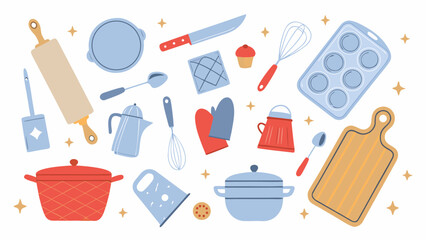 Collection of cute kitchen utensils and baking tools with sparkling stars