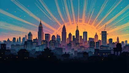 Vibrant Comic Scene Background with Bold City Silhouette for Creative Urban Designs
