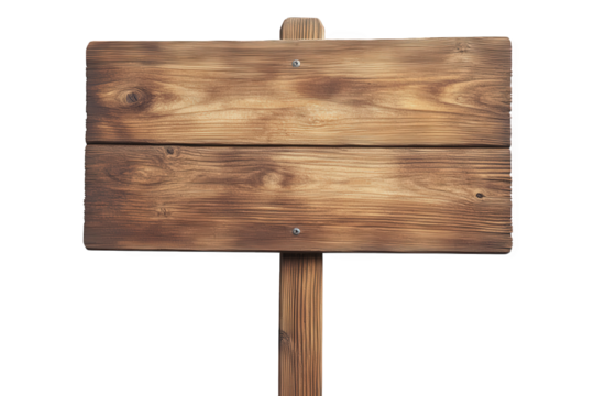 Rustic wooden sign isolated on transparent background, featuring a weathered texture and natural wood grain, perfect for adding a touch of vintage charm to any design project