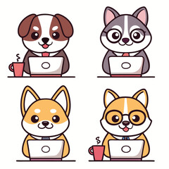 Fototapeta premium A cute collection of funny animal cartoon pet head vector illustration icon set featuring a cat, dog, fox, bear, panda, tiger, pig, and cow