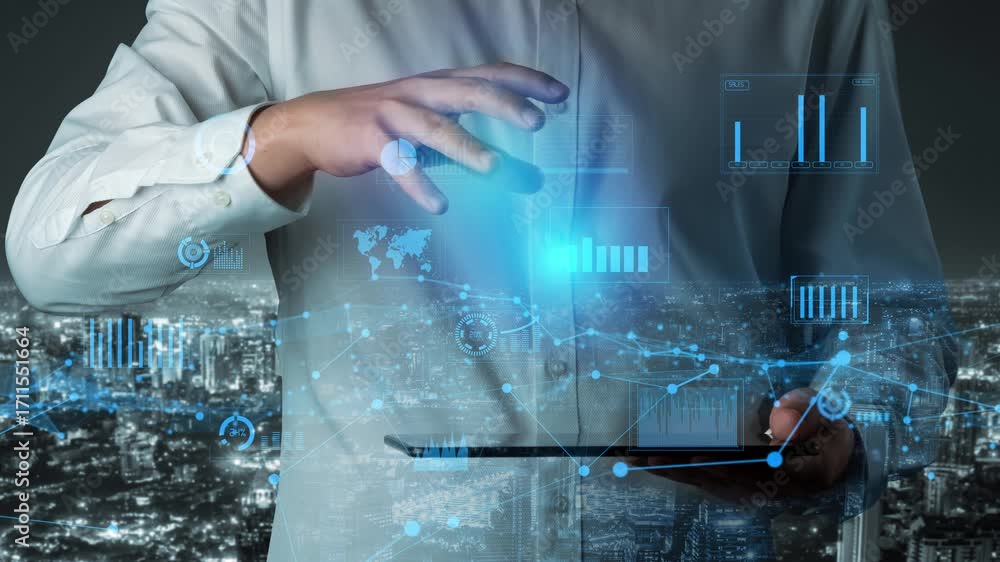 Poster a businessman interacts with a digital tablet, displaying graphic data visualizations that illustrat