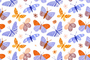 Seamless pattern of colorful abstract butterflies and flowers on white background