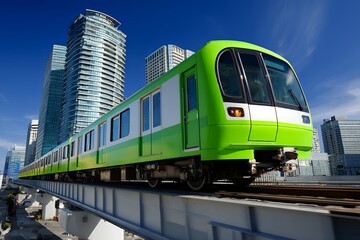 Naklejka premium Green subway train passing through urban skyscrapers against blue sky