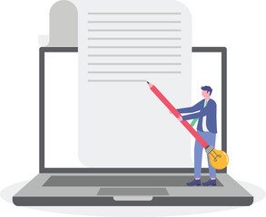 Smart young man utilizes big pencil with light bulb as he writes on paper,

