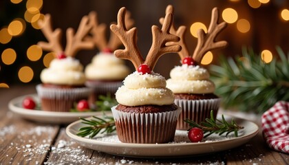 Festive cupcakes decorated with reindeer antlers on wooden table