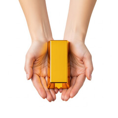 Female hands from top holding single gold bullion bar isolated on white