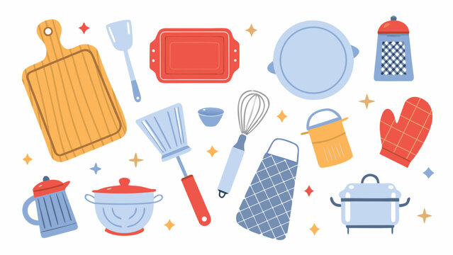 Collection of cute kitchen utensils and cooking tools on white background