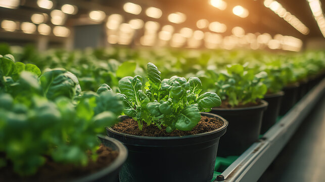 Lush green seedlings thriving in pots under bright greenhouse lights, symbolizing growth and sustainable agriculture.