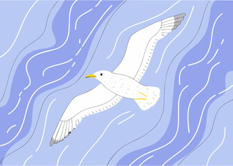 White seagull flying over abstract blue water waves