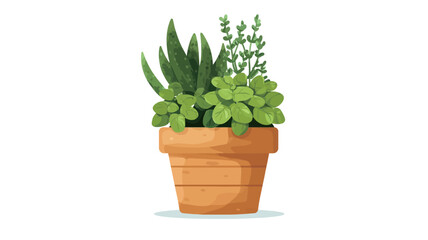 Fototapeta premium A digital illustration depicting a terracotta pot containing a variety of green plants. The plants appear to be a combination of succulents and herbs, including what looks like aloe vera