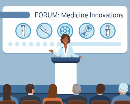 Doctor presenting medical innovations at a forum to an audience