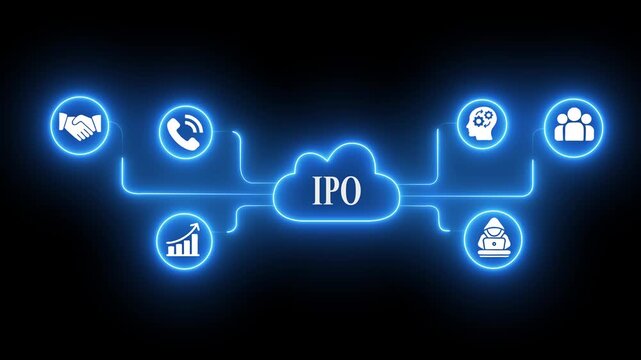 I P O cloud network concept with handshake graph phone head gears people and hacker icons glowing blue neon on black background digital finance technology abstract