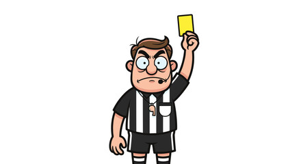 Cartoon referee with stern expression holding up a yellow card during a game