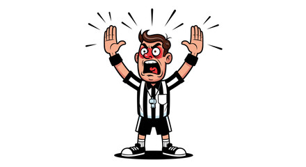 An angry referee with hands raised in the air wearing a striped uniform yelling