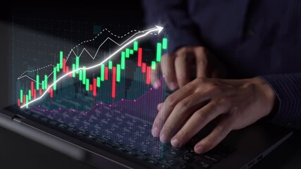A close-up view of hands typing on a laptop with vibrant financial graphs displayed, highlighting stock market trends and data analysis in a modern digital workspace. Copula - Powered by Adobe