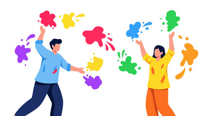 Vibrant Holi Celebration Illustration Featuring Joyful People Throwing Colorful Powder. Perfect for Promoting Festive Events, Cultural Celebrations, and Community Gatherings
