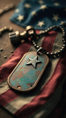 Military dog tag with star on American flag background. American hero tribute.