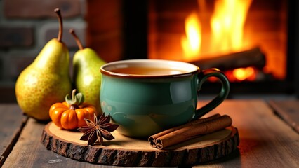 Spiced pear cider by fireplace with cinnamon and anise