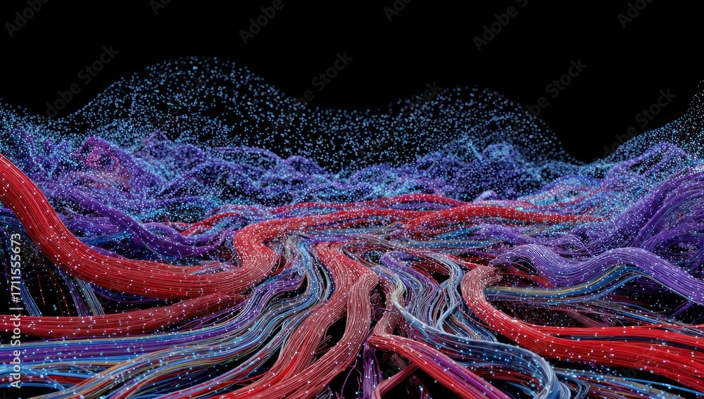 Poster intricate network of vibrant threads and luminous particles create a dynamic, abstract landscape aga