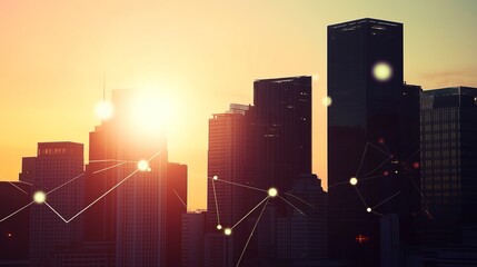 Obraz premium grid. Abstract city skyline with glowing connection lines, set against a gradient-lit atmospheric backdrop. real-estate listings.