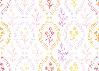 Seamless pattern with delicate floral motifs and ornate frames in pastel colors