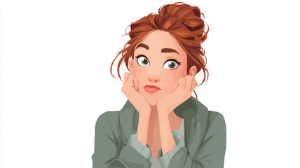 Close-up illustration of a young woman with reddish-brown hair styled in a messy bun. She has fair skin and is depicted with a pensive expression, her hands supporting her chin