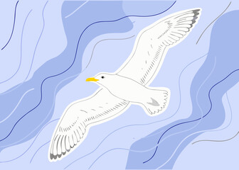 Stylized white seagull flying against a blue wavy background