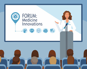 Doctor presenting medicine innovations at a conference forum to an audience