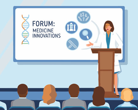Doctor presenting medical innovations at a forum to an audience