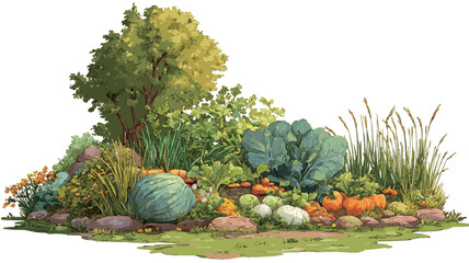 A digital painting depicting a vibrant autumn garden scene. The illustration showcases a variety of plants, including pumpkins, gourds, cabbages, other vegetables, herbs, and flowering plants