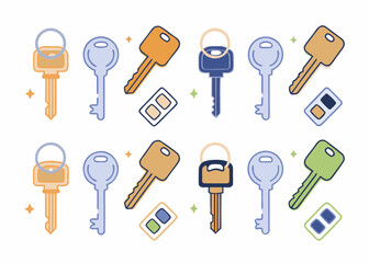 Collection of colorful flat design keys and key fobs on white background