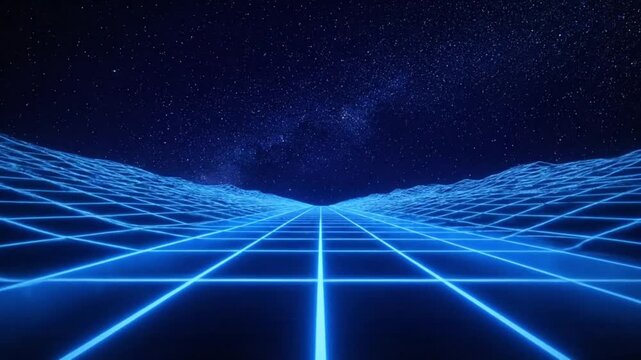 Surreal digital landscape with glowing neon grid stretching into starry night sky - Powered by Adobe