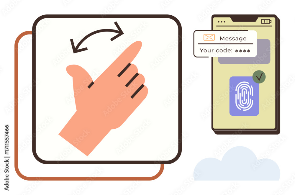 Aufkleber hand swipe gesture indicating actions, smartphone screen displaying password and fingerprint authent