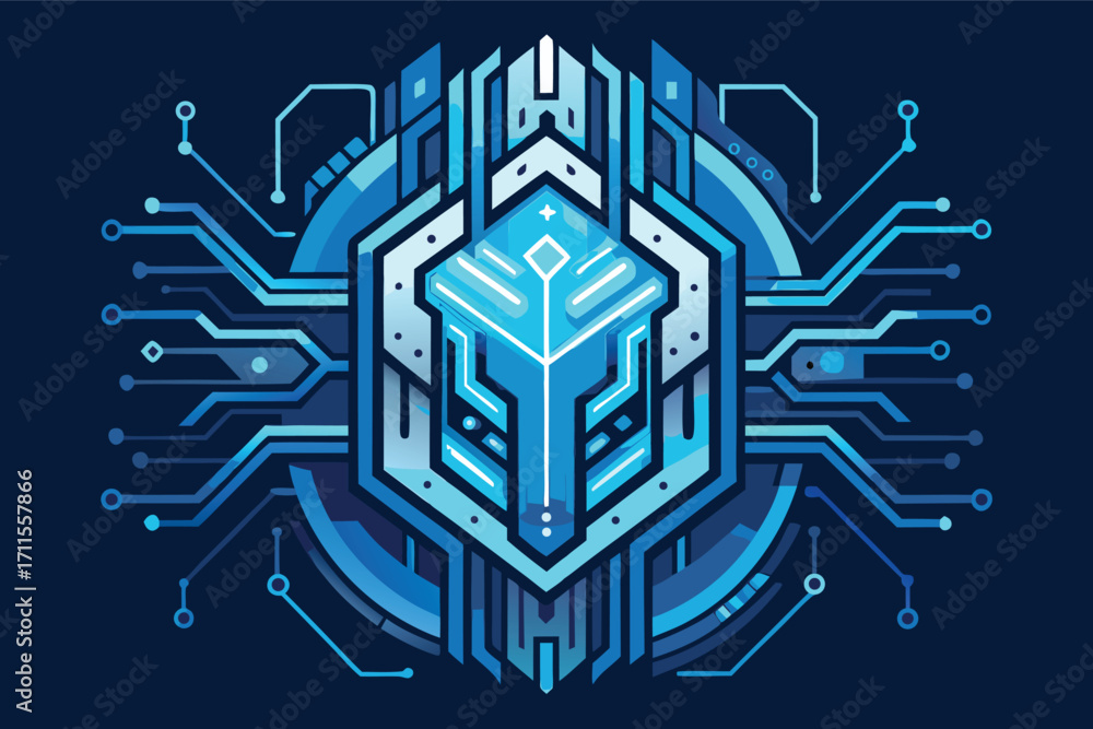 Poster digital shield design featuring futuristic circuitry and glowing elements in blue tones
