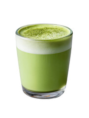 A vibrant, light green matcha latte in a short glass.  Foamed milk top