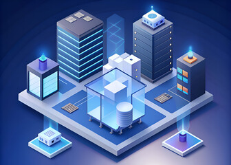 Obraz premium Futuristic Data Center. Isometric View of a Modern Digital City